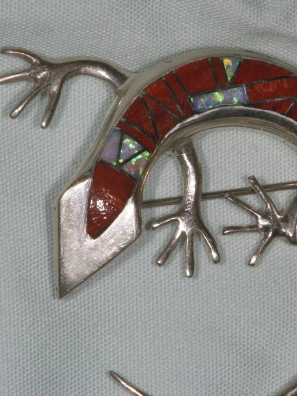 Vintage Sterling Silver Lizard Brooch Pin Pendant Red Coral Fire Opal Inlay